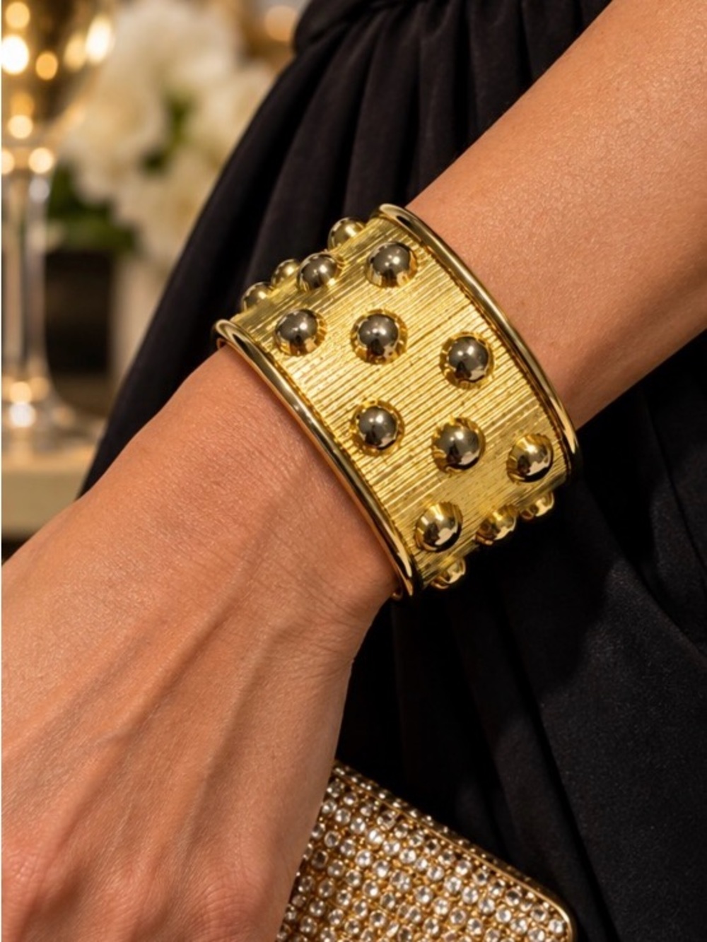 Vintage Gold Tone Wide Studded Hinged Cuff Bracelet Textured Statement 3.53 oz